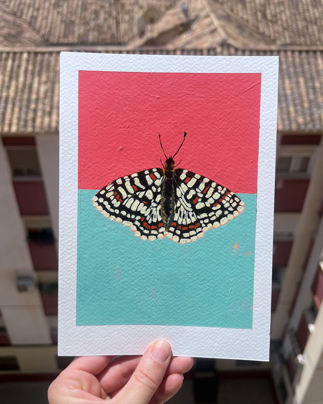 Moth in Dark Pink and Dirty Green, Original Artwork, A5
