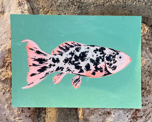 Original artwork with a light orange and black fish design on a green background, placed on a stone surface.